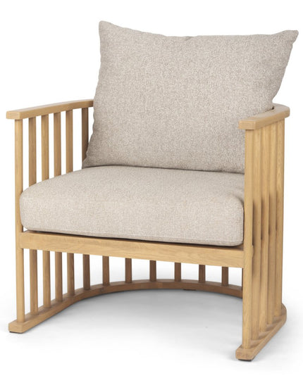 31" Beige and Natural Upholstery and Solid Wood Barrel Chair