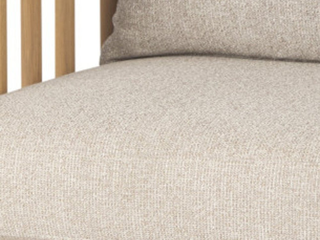 31" Beige and Natural Upholstery and Solid Wood Barrel Chair