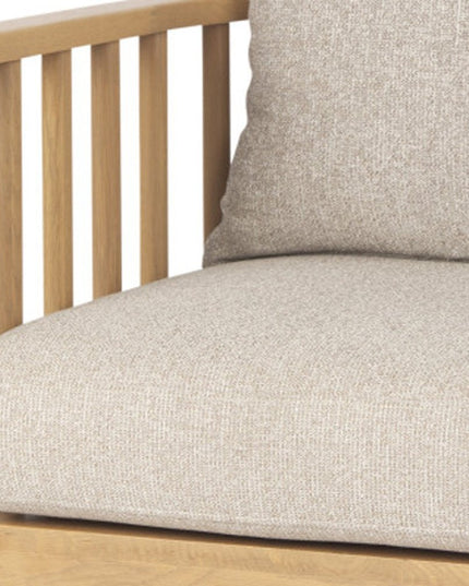 31" Beige and Natural Upholstery and Solid Wood Barrel Chair