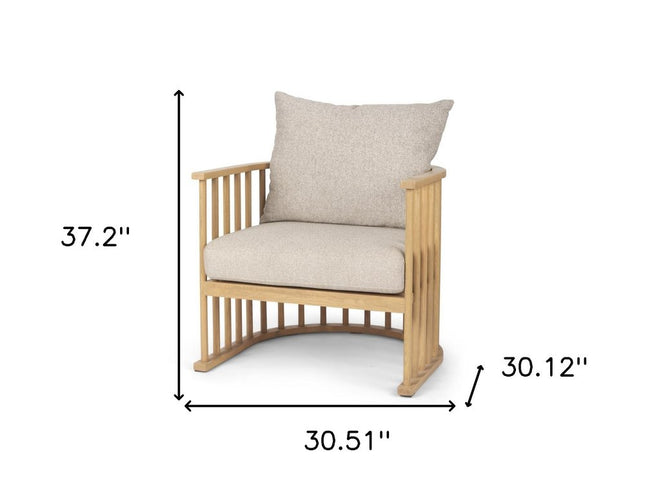 31" Beige and Natural Upholstery and Solid Wood Barrel Chair