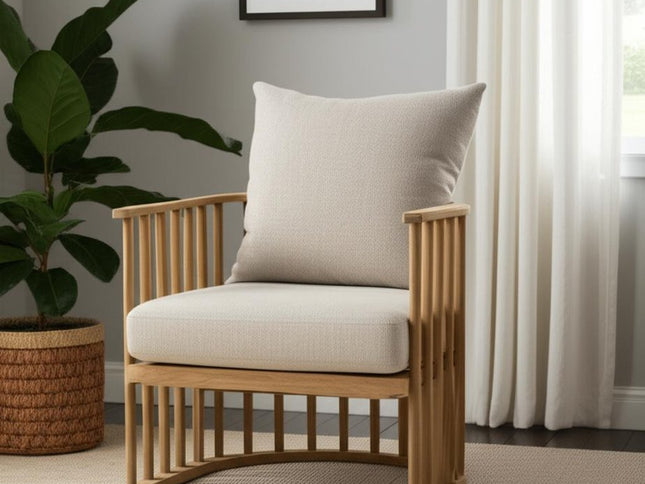 31" Beige and Natural Upholstery and Solid Wood Barrel Chair