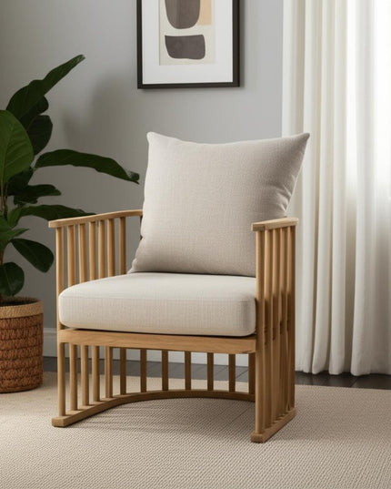 31" Beige and Natural Upholstery and Solid Wood Barrel Chair