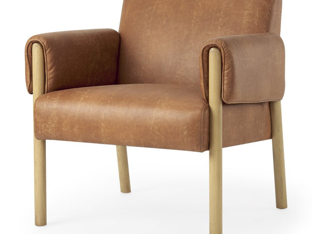 30" Brown and Natural Faux Leather and Solid Wood Arm Chair