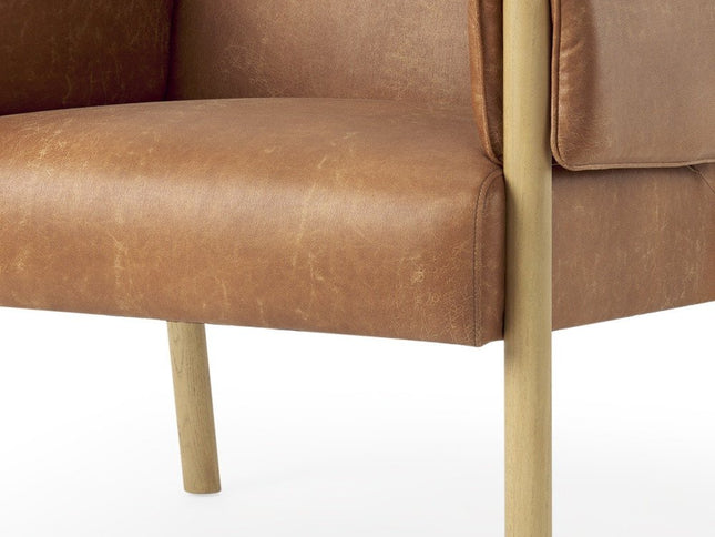 30" Brown and Natural Faux Leather and Solid Wood Arm Chair