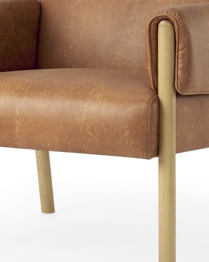 30" Brown and Natural Faux Leather and Solid Wood Arm Chair