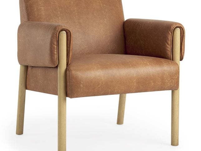 30" Brown and Natural Faux Leather and Solid Wood Arm Chair