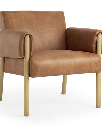 30" Brown and Natural Faux Leather and Solid Wood Arm Chair