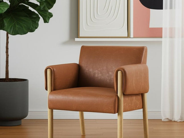 30" Brown and Natural Faux Leather and Solid Wood Arm Chair