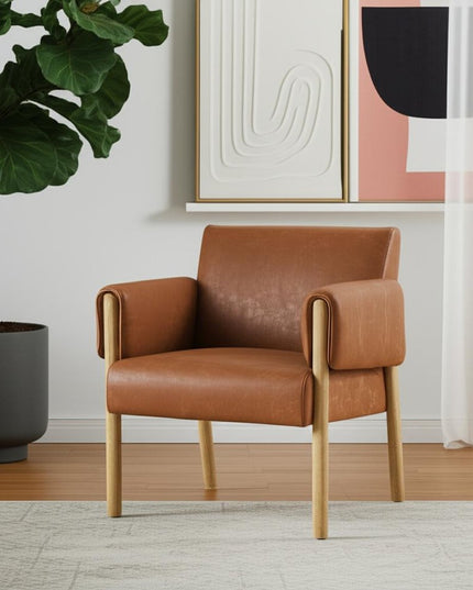 30" Brown and Natural Faux Leather and Solid Wood Arm Chair