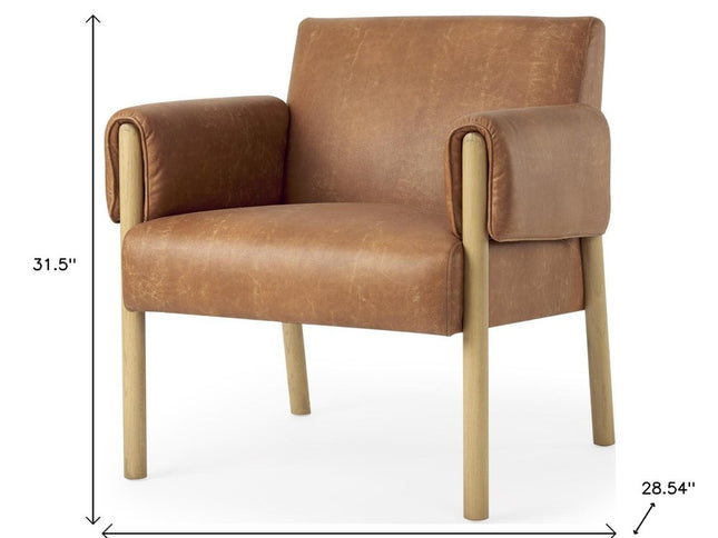 30" Brown and Natural Faux Leather and Solid Wood Arm Chair