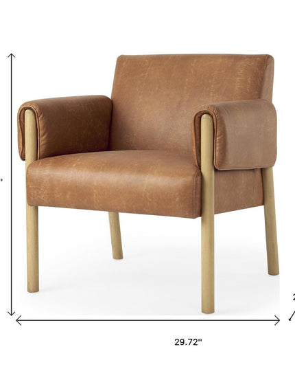 30" Brown and Natural Faux Leather and Solid Wood Arm Chair