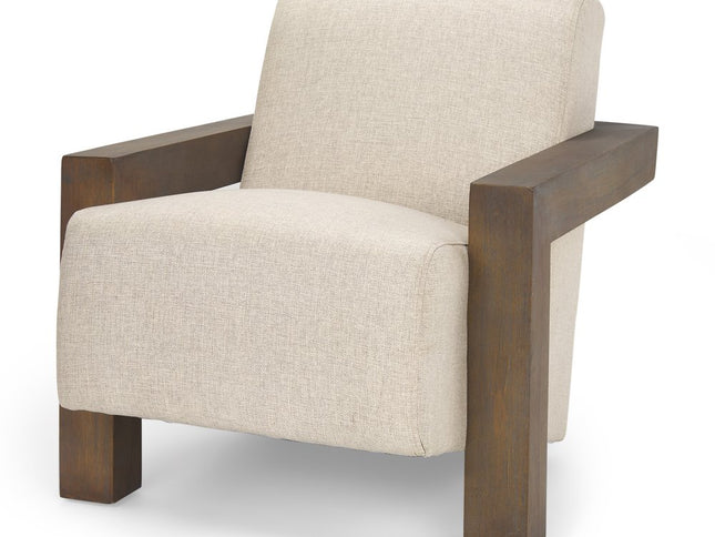 35" Cream and Brown Fabric and Solid Wood Arm Chair
