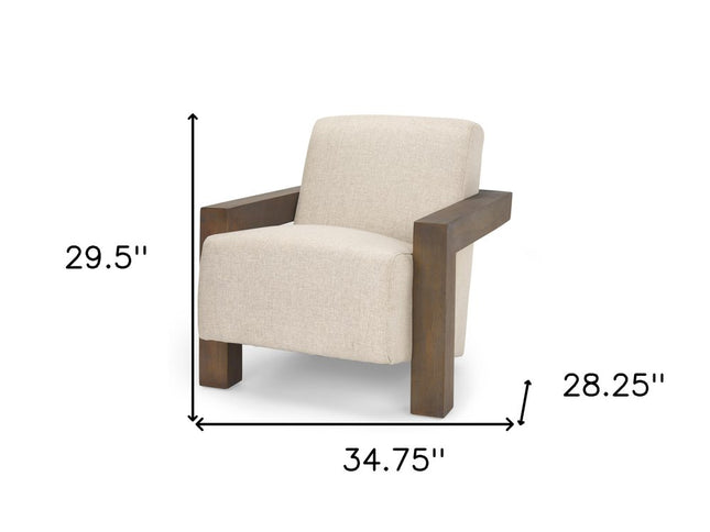 35" Cream and Brown Fabric and Solid Wood Arm Chair