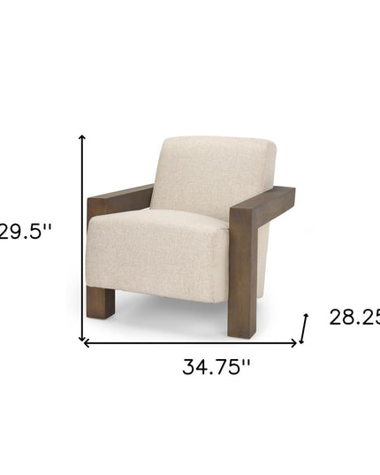 35" Cream and Brown Fabric and Solid Wood Arm Chair