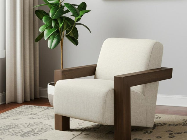 35" Cream and Brown Fabric and Solid Wood Arm Chair