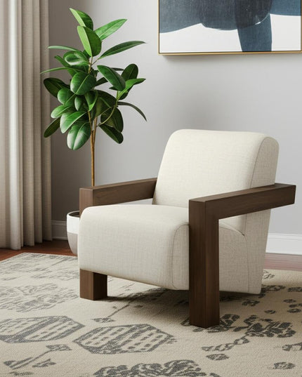 35" Cream and Brown Fabric and Solid Wood Arm Chair