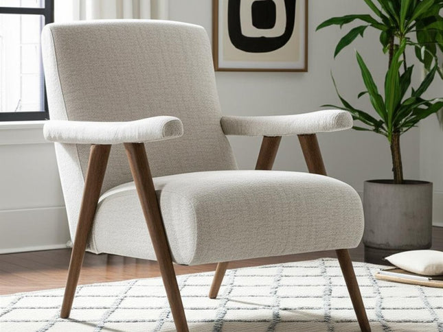 32" Cream and Brown Linen and Solid Wood Arm Chair