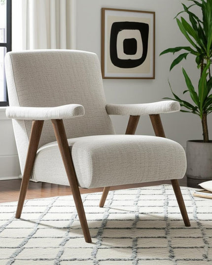 32" Cream and Brown Linen and Solid Wood Arm Chair