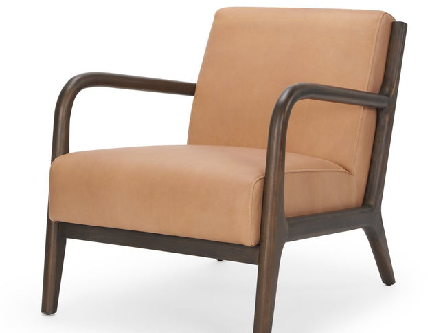 26" Tan and Dark Brown Genuine Leather and Solid Wood Arm Chair