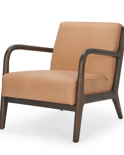 26" Tan and Dark Brown Genuine Leather and Solid Wood Arm Chair