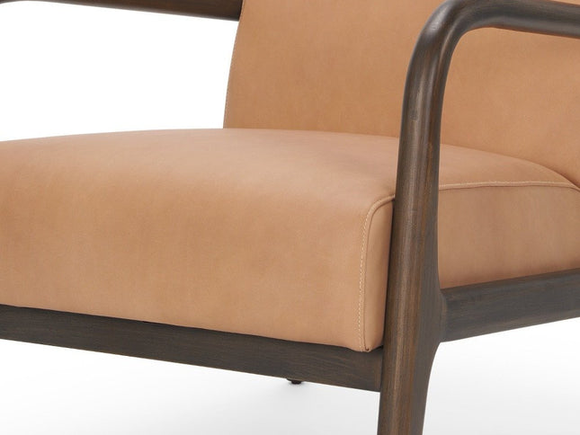 26" Tan and Dark Brown Genuine Leather and Solid Wood Arm Chair