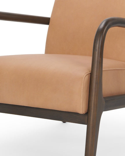 26" Tan and Dark Brown Genuine Leather and Solid Wood Arm Chair