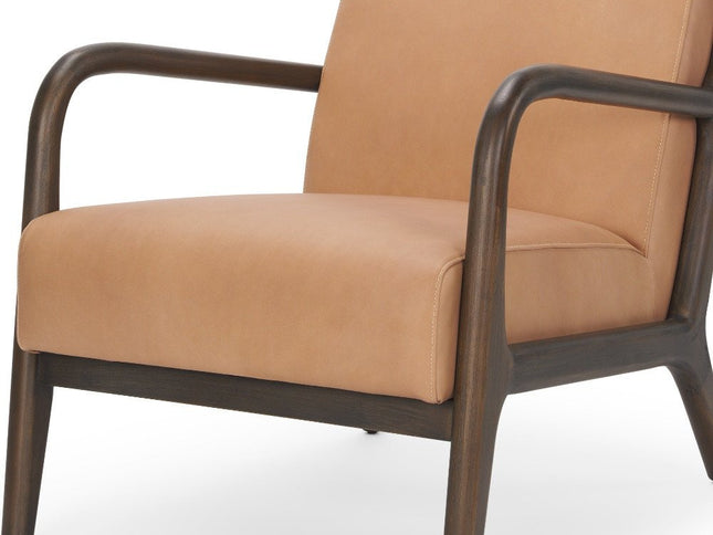 26" Tan and Dark Brown Genuine Leather and Solid Wood Arm Chair