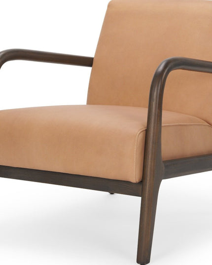 26" Tan and Dark Brown Genuine Leather and Solid Wood Arm Chair