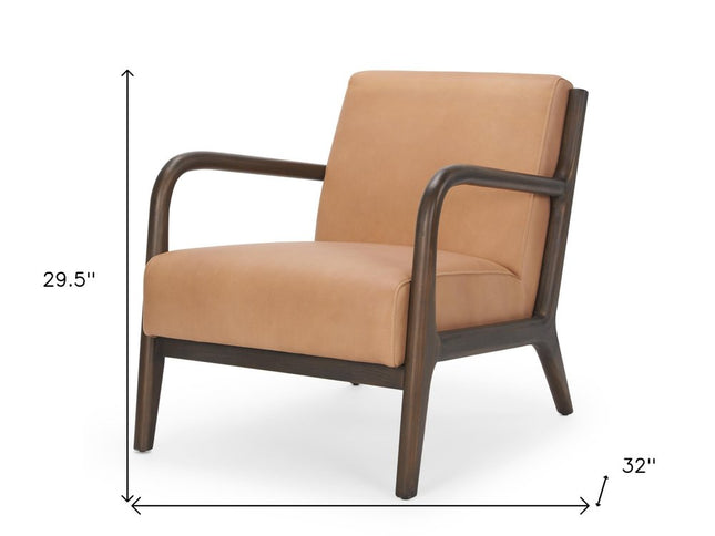 26" Tan and Dark Brown Genuine Leather and Solid Wood Arm Chair