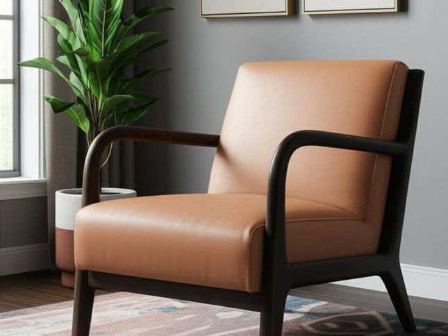 26" Tan and Dark Brown Genuine Leather and Solid Wood Arm Chair