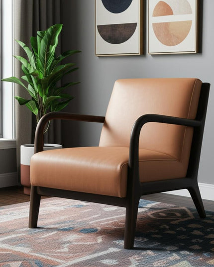 26" Tan and Dark Brown Genuine Leather and Solid Wood Arm Chair