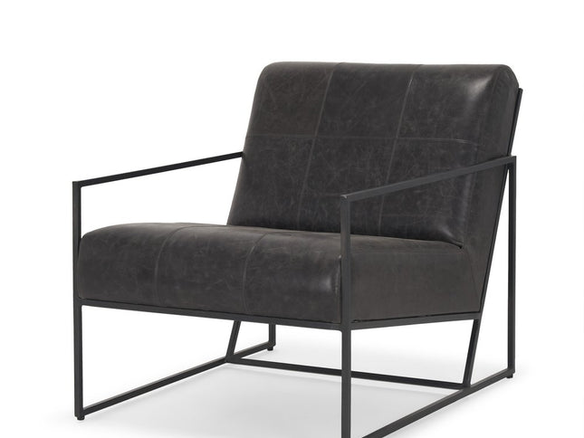 37" Black Genuine Leather and Metal Lounge Chair