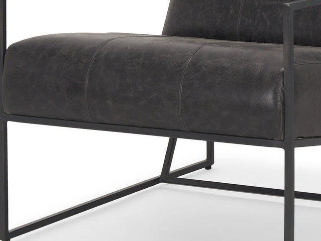 37" Black Genuine Leather and Metal Lounge Chair