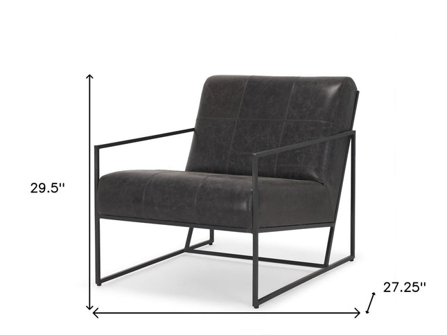 37" Black Genuine Leather and Metal Lounge Chair