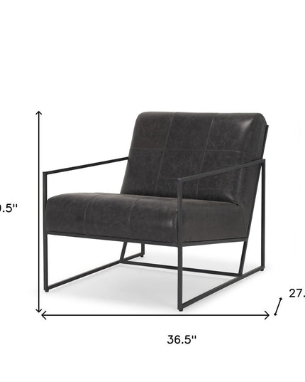 37" Black Genuine Leather and Metal Lounge Chair