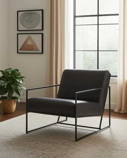 37" Black Genuine Leather and Metal Lounge Chair