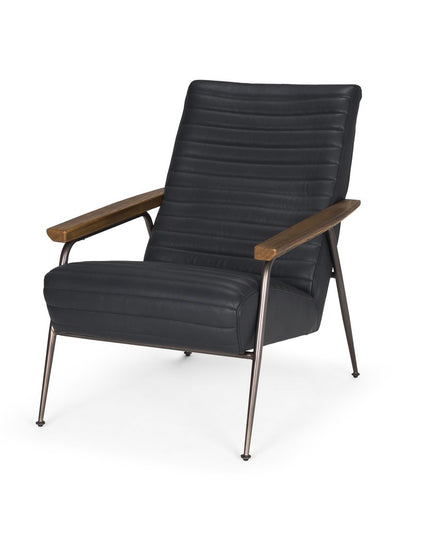 37" Black Genuine Leather and Metal Arm Chair