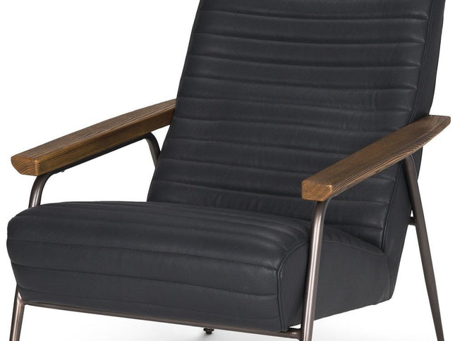 37" Black Genuine Leather and Metal Arm Chair