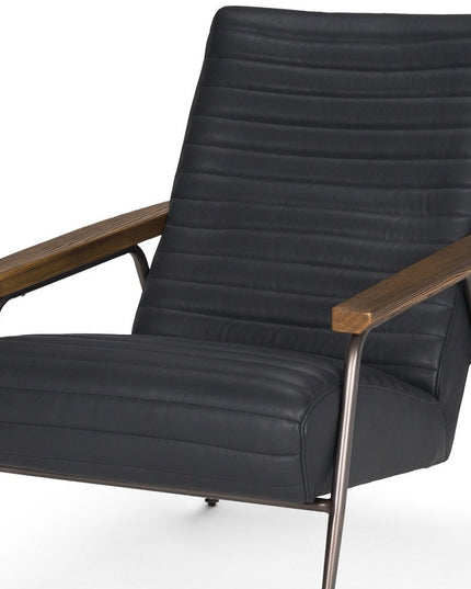 37" Black Genuine Leather and Metal Arm Chair