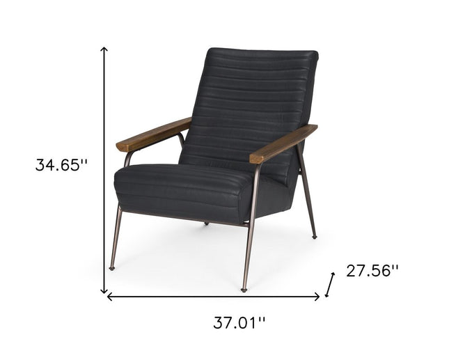 37" Black Genuine Leather and Metal Arm Chair
