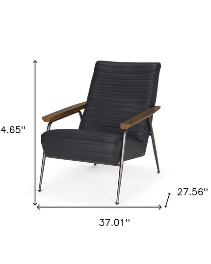 37" Black Genuine Leather and Metal Arm Chair