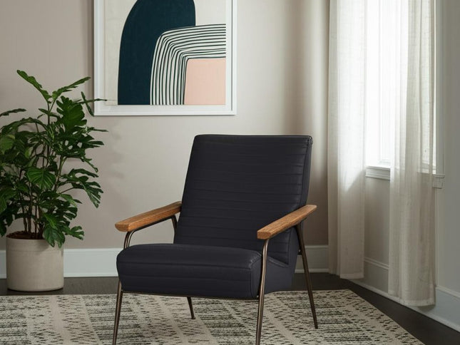 37" Black Genuine Leather and Metal Arm Chair