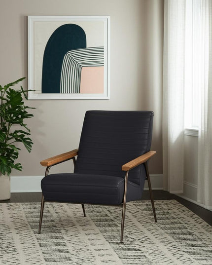 37" Black Genuine Leather and Metal Arm Chair