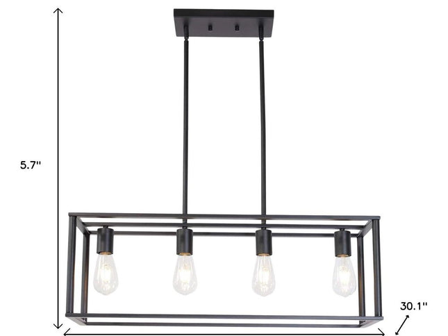 Black Metal Four Light Caged Rectangular Hanging Pendent Light