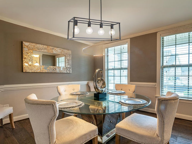 Black Metal Four Light Caged Rectangular Hanging Pendent Light