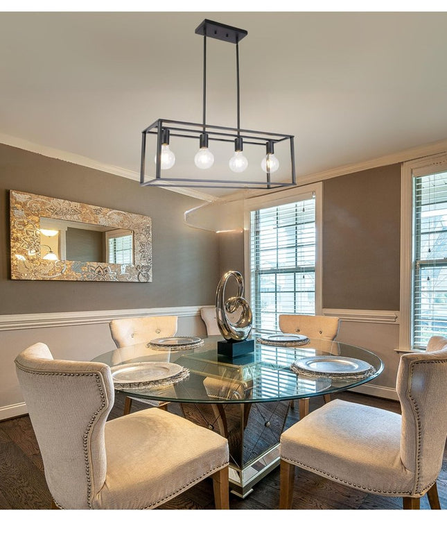 Black Metal Four Light Caged Rectangular Hanging Pendent Light