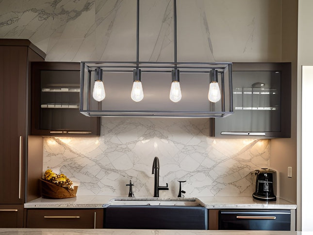 Black Metal Four Light Caged Rectangular Hanging Pendent Light