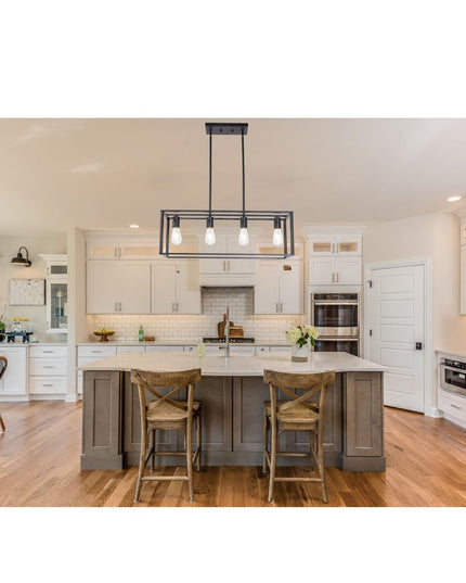 Black Metal Four Light Caged Rectangular Hanging Pendent Light