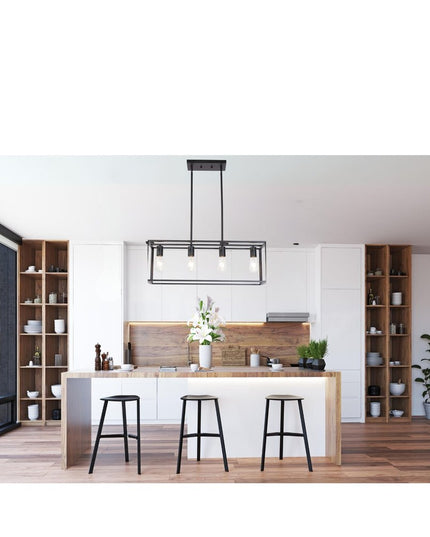 Black Metal Four Light Caged Rectangular Hanging Pendent Light