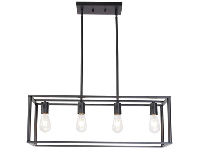 Black Metal Four Light Caged Rectangular Hanging Pendent Light